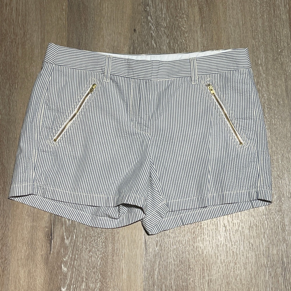 J.Crew Striped Seersucker‎ Gold Zipper Pocket Shorts Blue White Size 4 EUC